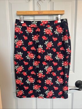 DownEast Navy Pencil Skirt with Red Rose Print